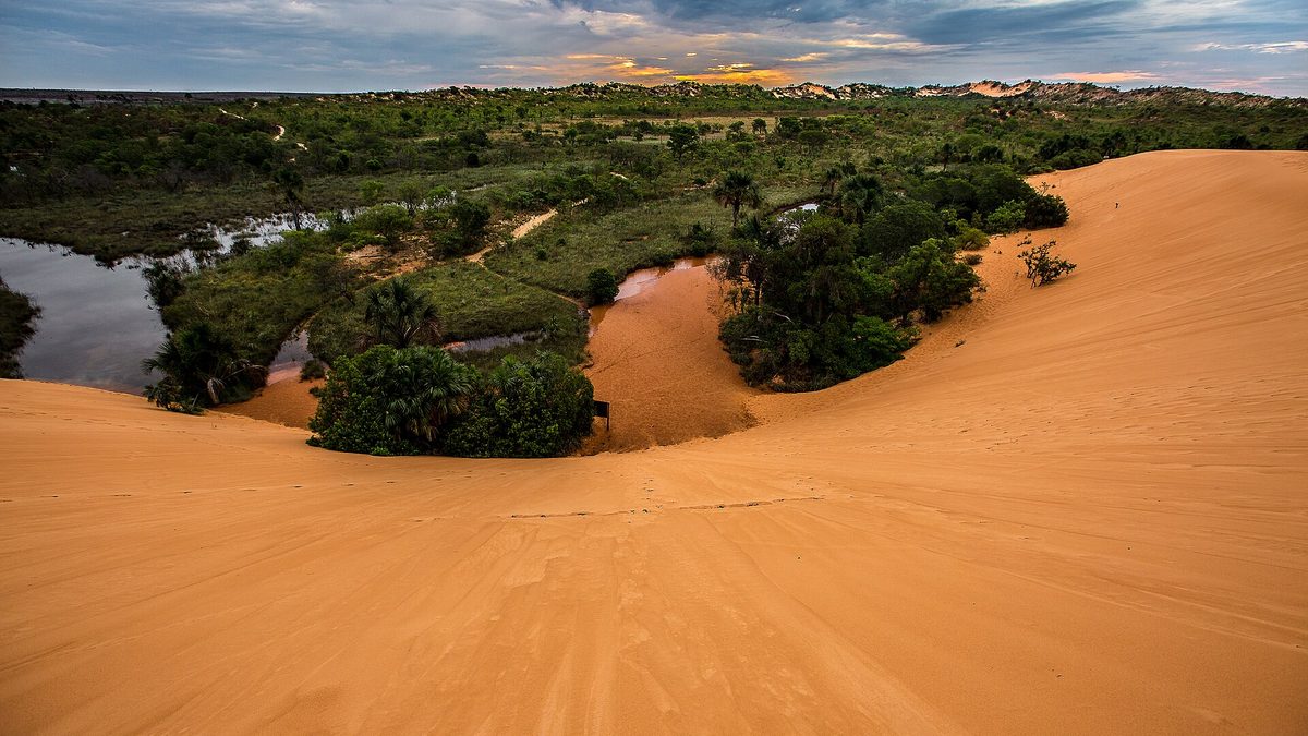 Dunas de areia alaranjada cercadas de vegetação do cerrado e lagoas, no Jalapão