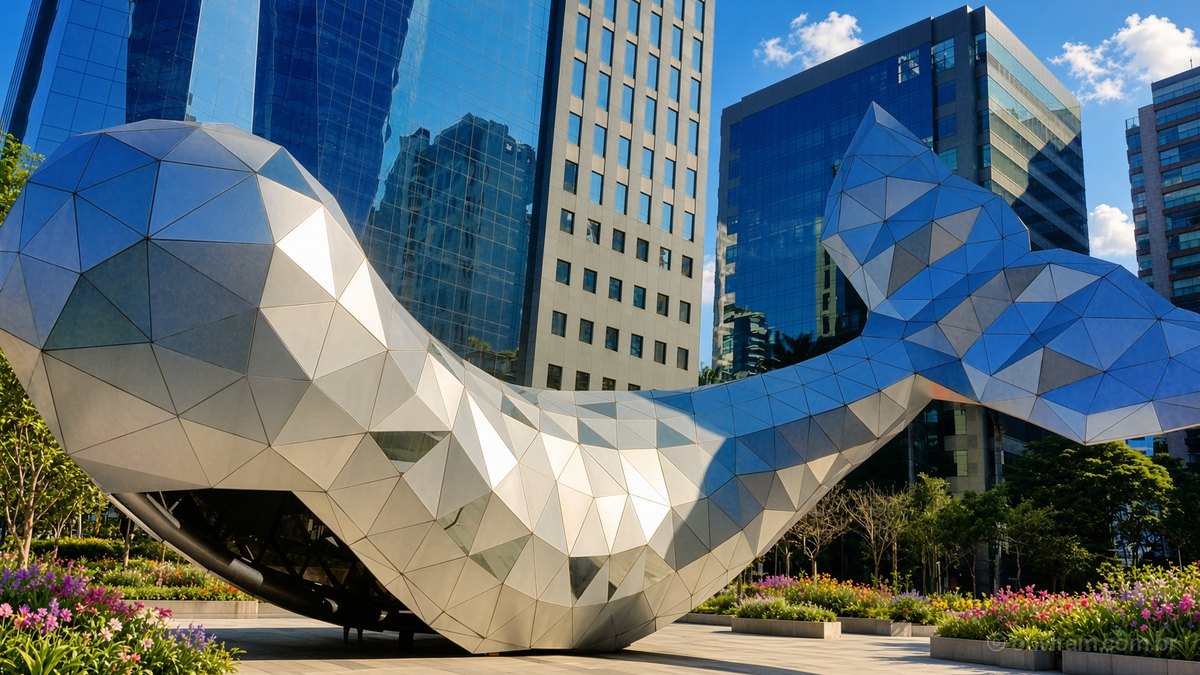 Escultura metálica em forma de baleia diante de prédios espelhados de escritórios em São Paulo, num dia de sol