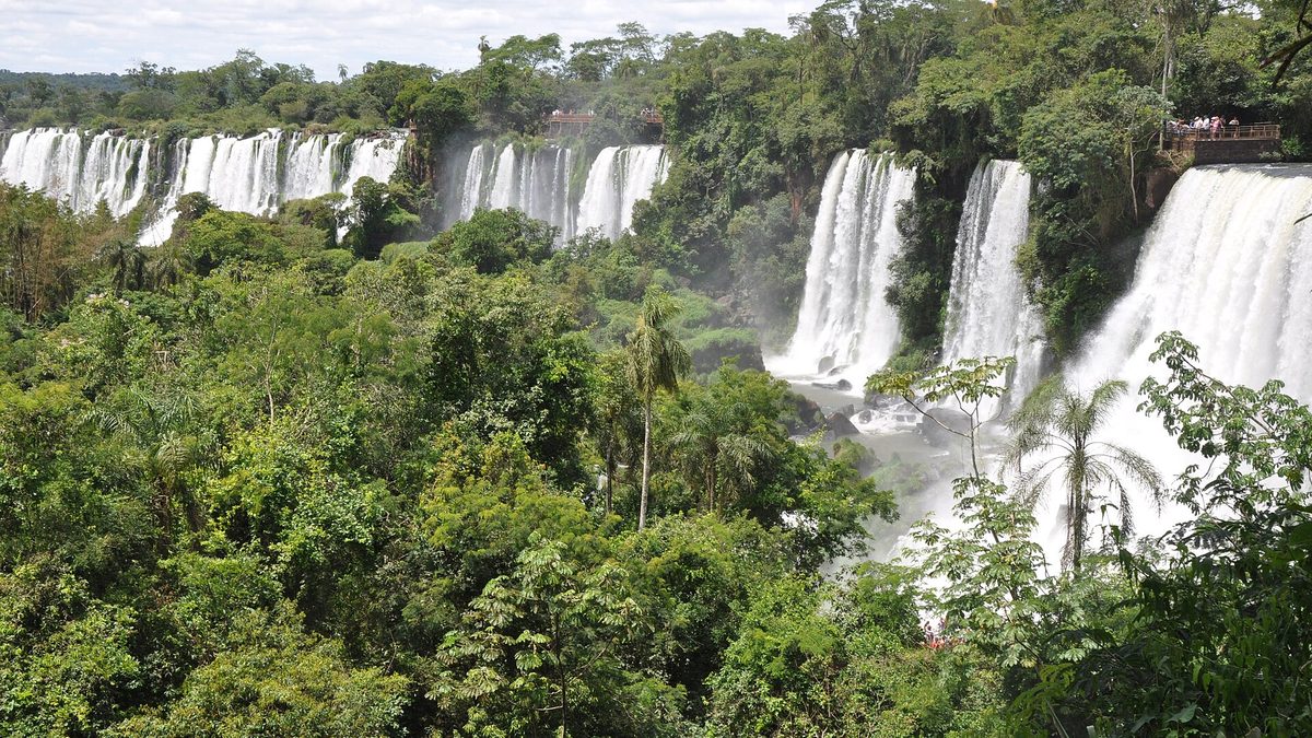 Saltos das Cataratas do Iguaçu entre a mata, vistos do Circuito Superior, no lado argentino