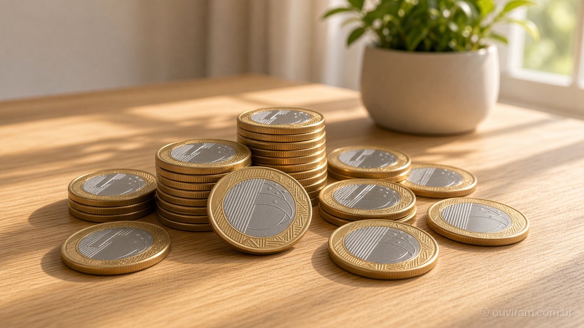 Pilhas de moedas bimetálicas, douradas e prateadas, sobre mesa de madeira iluminada pelo sol