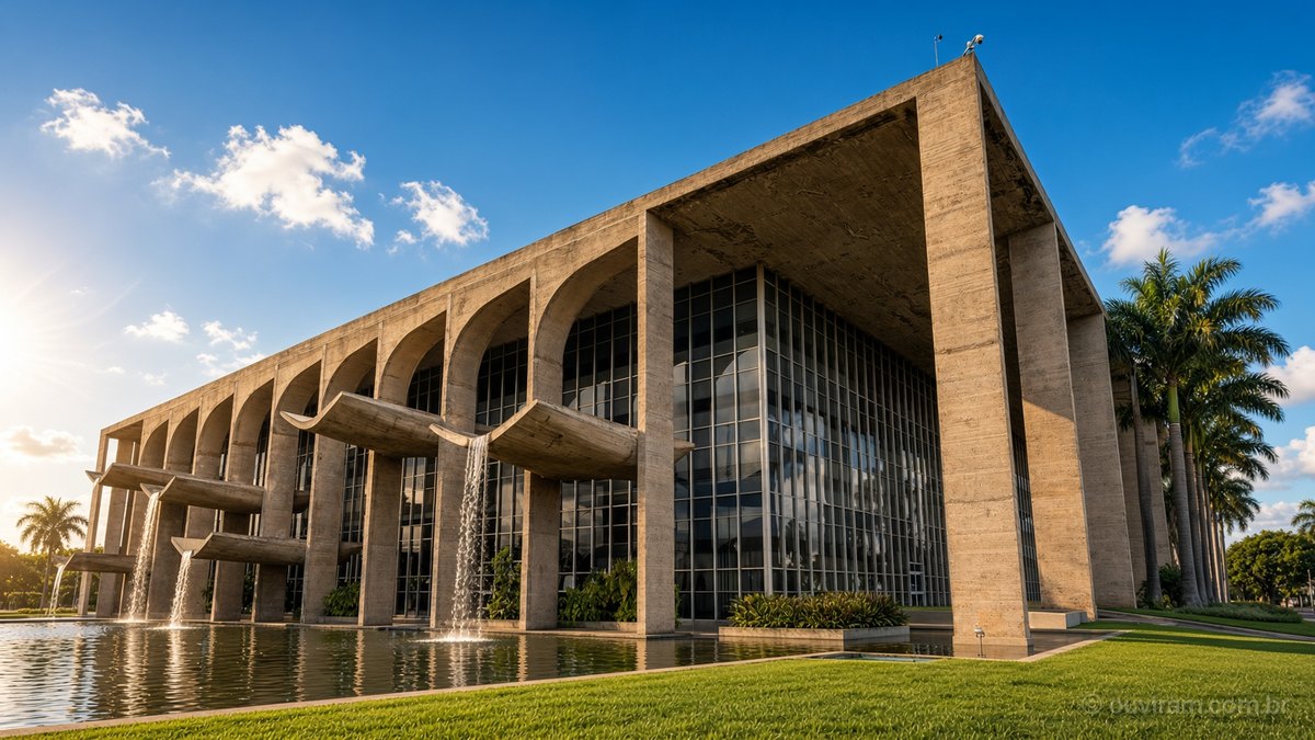 Fachada do Palácio da Justiça, com arcos de concreto, vidros e cascatas sobre o espelho d’água, numa manhã de sol em Brasília