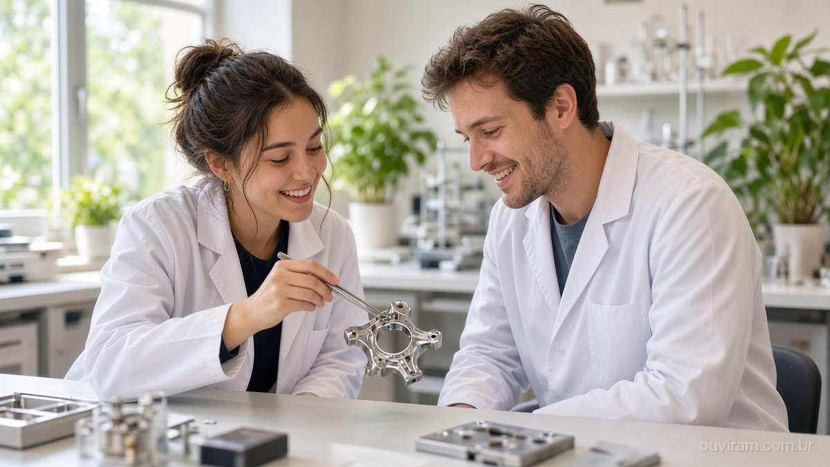Jovens pesquisadores sorriem ao testar uma peça num laboratório claro de uma empresa de tecnologia