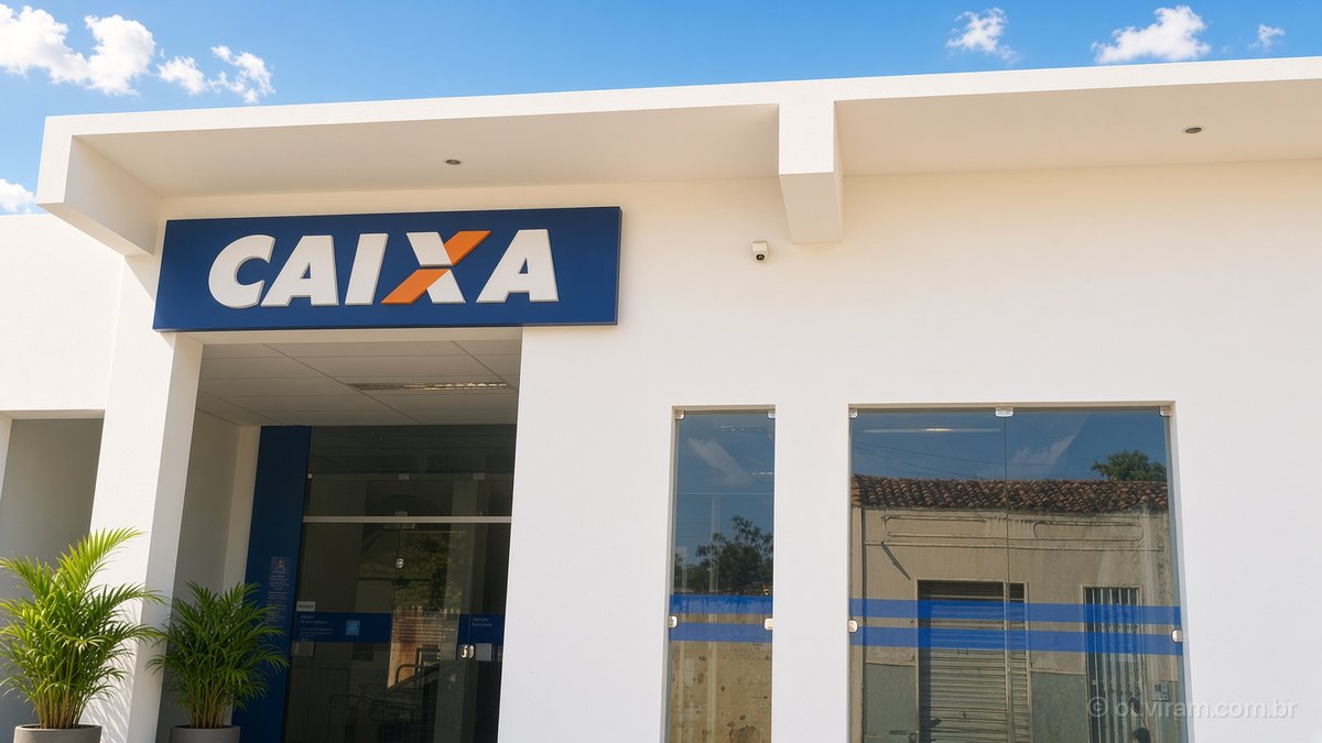 Fachada de agência da Caixa Econômica Federal ao sol, com paredes brancas, plantas verdes e céu azul, em Paratinga, na Bahia