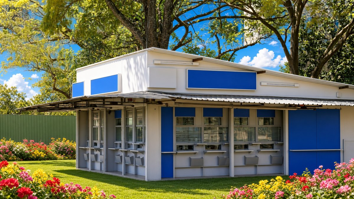 Quiosque de lotérica azul e branco sob árvores, com canteiros floridos e gramado num dia de sol, em Brasília