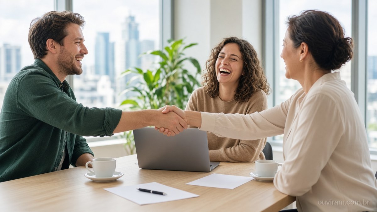 Fundadores sorriem e apertam as mãos de uma investidora numa sala de reunião iluminada