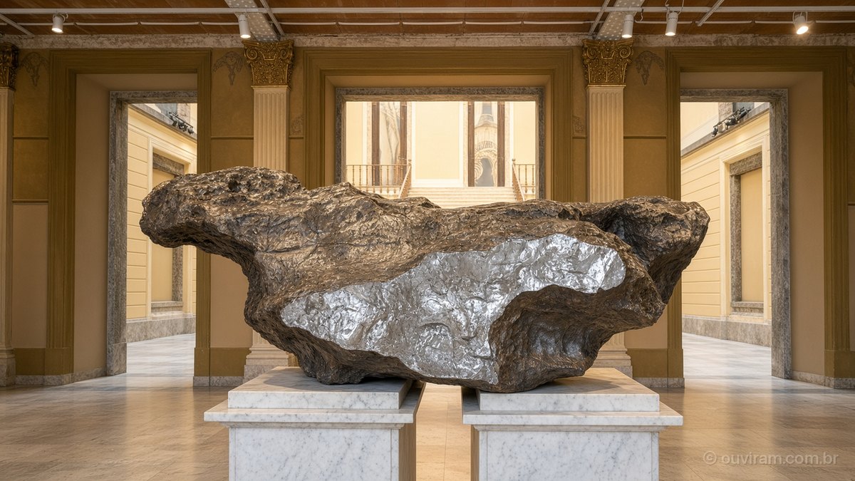 Meteorito Bendegó, bloco de ferro escuro com face polida prateada, sobre dois pedestais de mármore no Museu Nacional