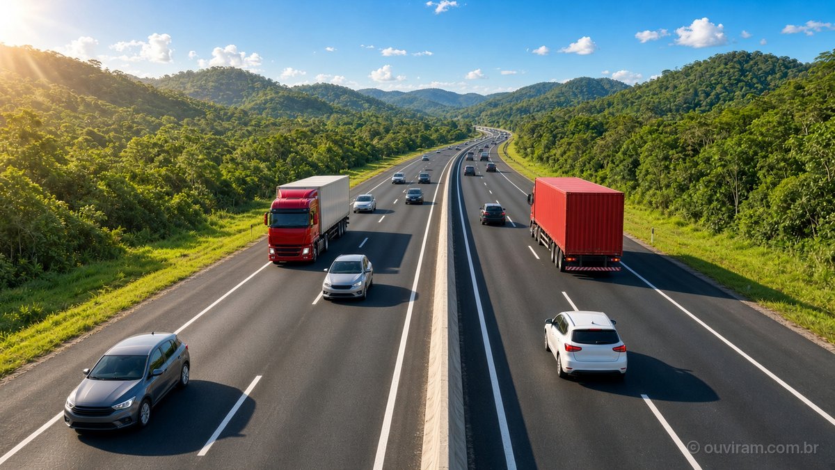 Rodovia duplicada com carros e caminhões vermelhos entre morros cobertos de Mata Atlântica, sob céu azul, em Santa Catarina