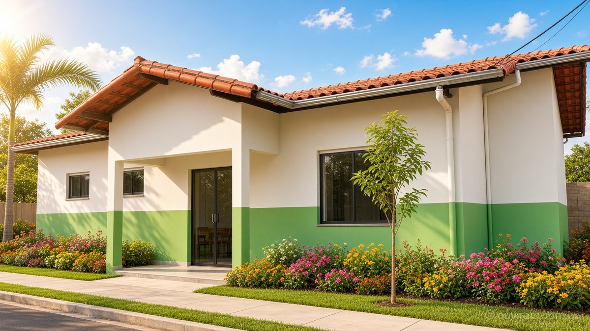 Fachada de Unidade Básica de Saúde térrea, pintada de verde e branco, com jardim florido, num dia de sol