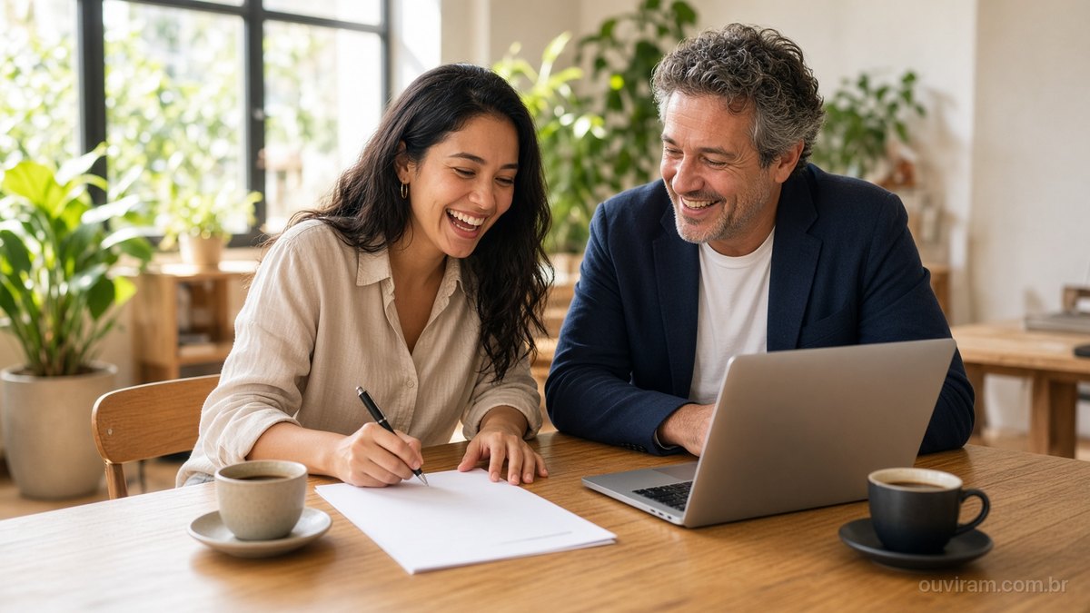 Fundadora e investidor sorriem ao assinar um contrato numa mesa de escritório iluminada