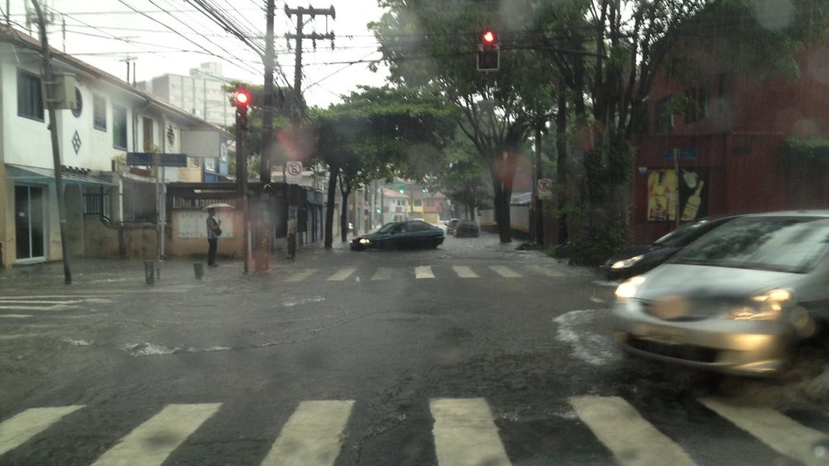 Rua molhada e faixa de pedestres durante chuva em São Paulo