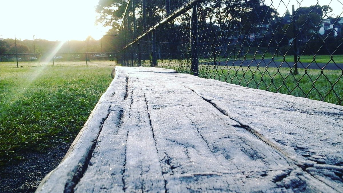 Banco de madeira coberto de geada ao amanhecer, em Curitiba