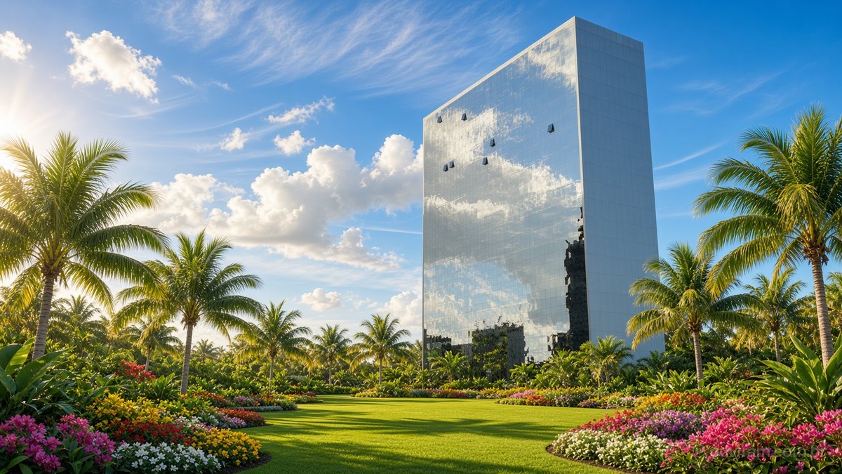 Torre de escritórios espelhada entre palmeiras e canteiros floridos, refletindo nuvens numa manhã de sol