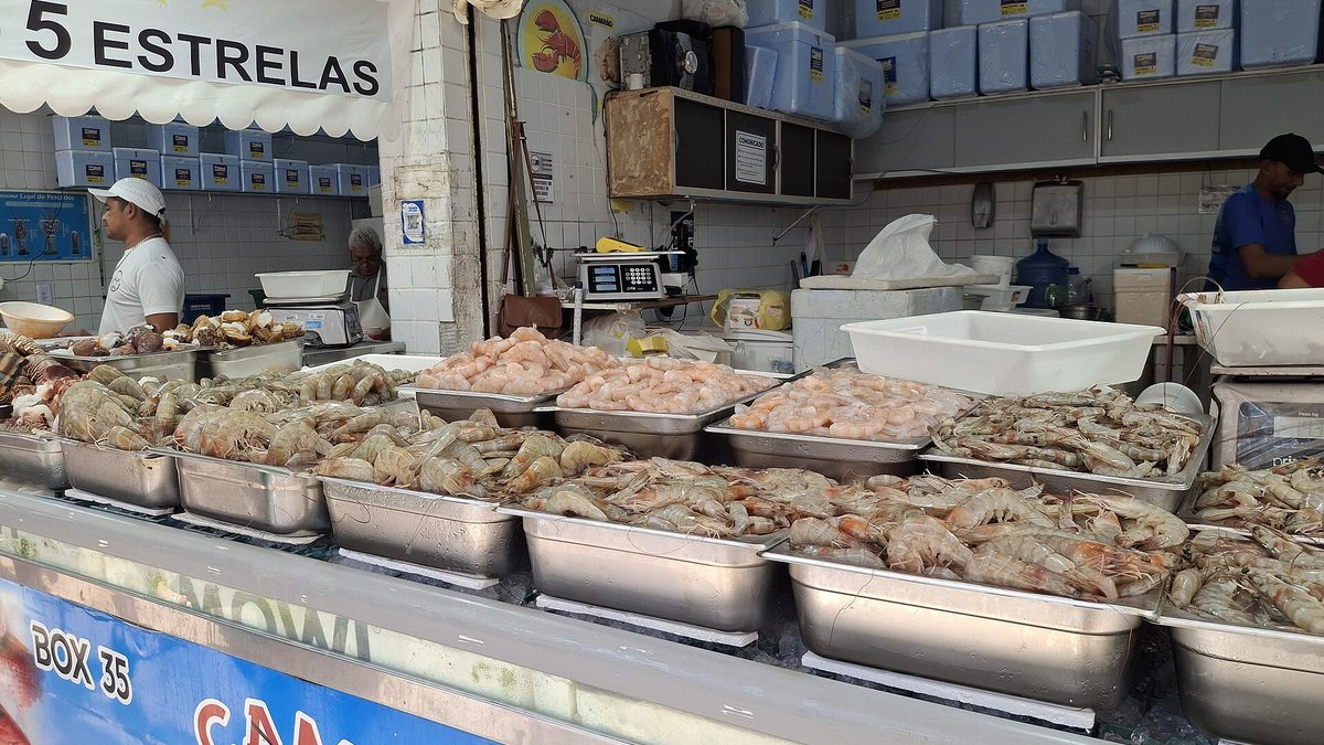 Camarões expostos em box do Mercado dos Peixes do Mucuripe, em Fortaleza