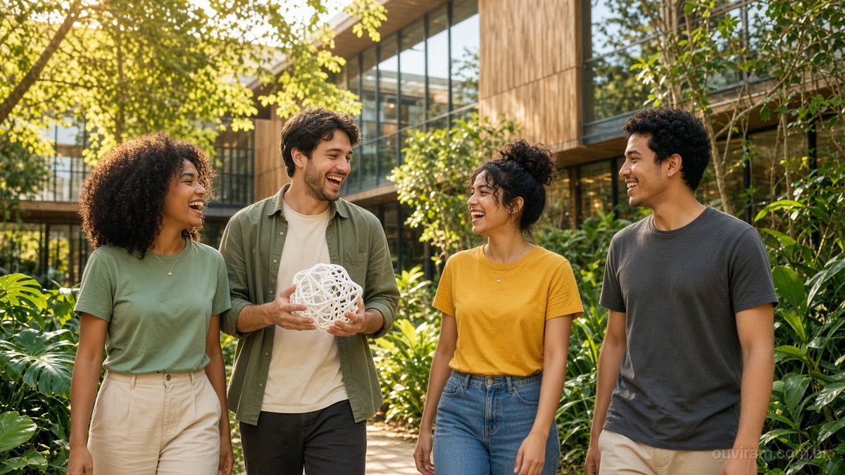 Jovens pesquisadores e empreendedores sorriem ao conversar num pátio arborizado entre prédios modernos de vidro