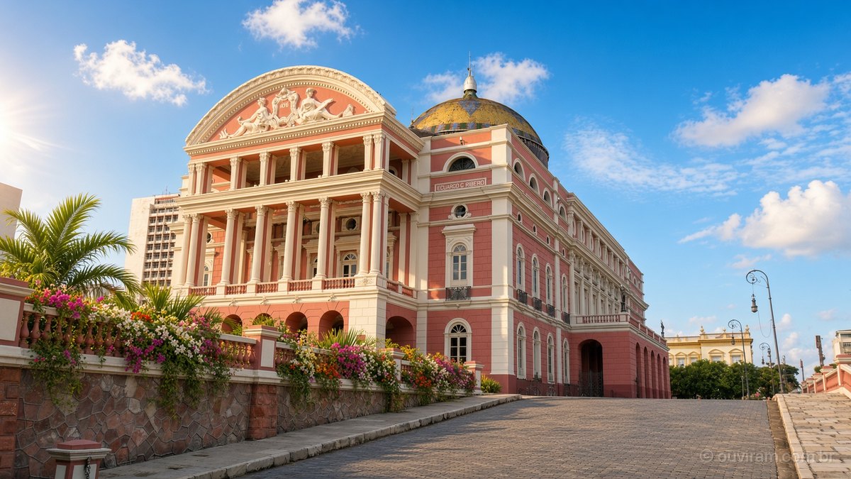 Fachada rosa do Teatro Amazonas, com cúpula colorida e canteiros floridos, sob céu azul em Manaus