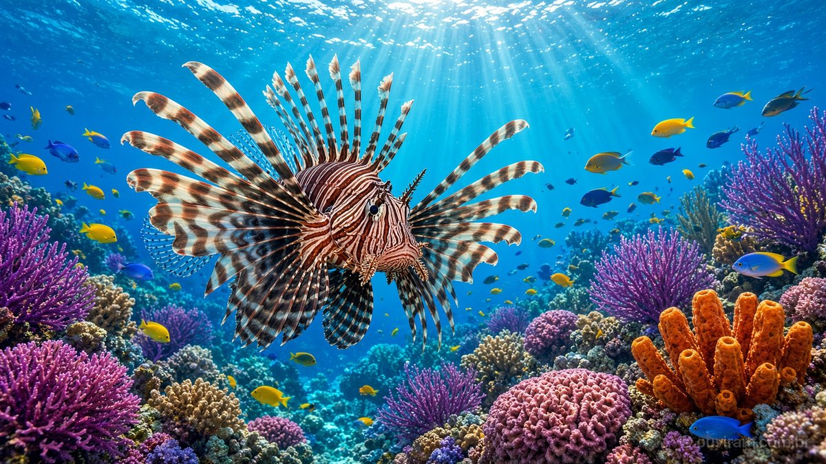 Peixe-leão listrado com as nadadeiras abertas em leque sobre recife de corais coloridos, em água azul iluminada pelo sol