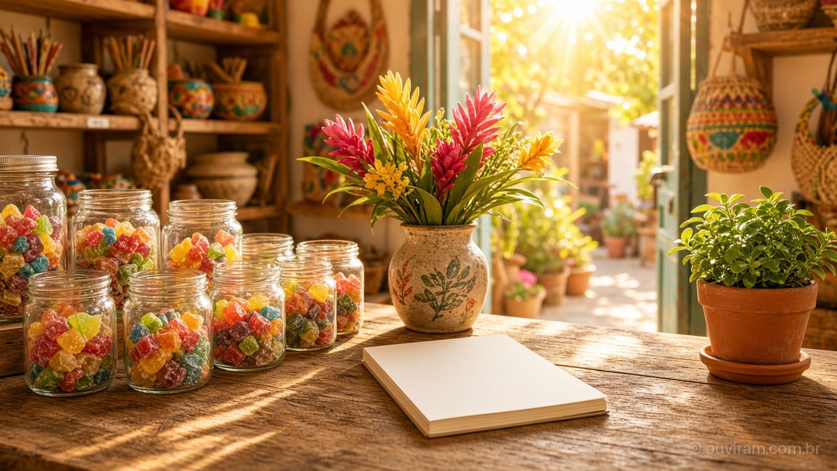 Balcão de madeira de uma pequena loja de bairro com potes de balas coloridas, vaso de flores e caderno, sob sol da manhã