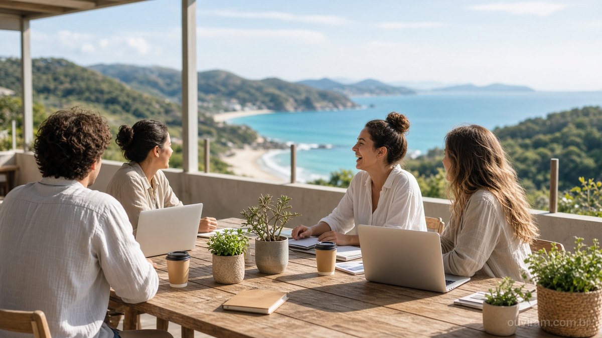 Equipe jovem sorri e trabalha com notebooks num coworking iluminado com vista para o mar