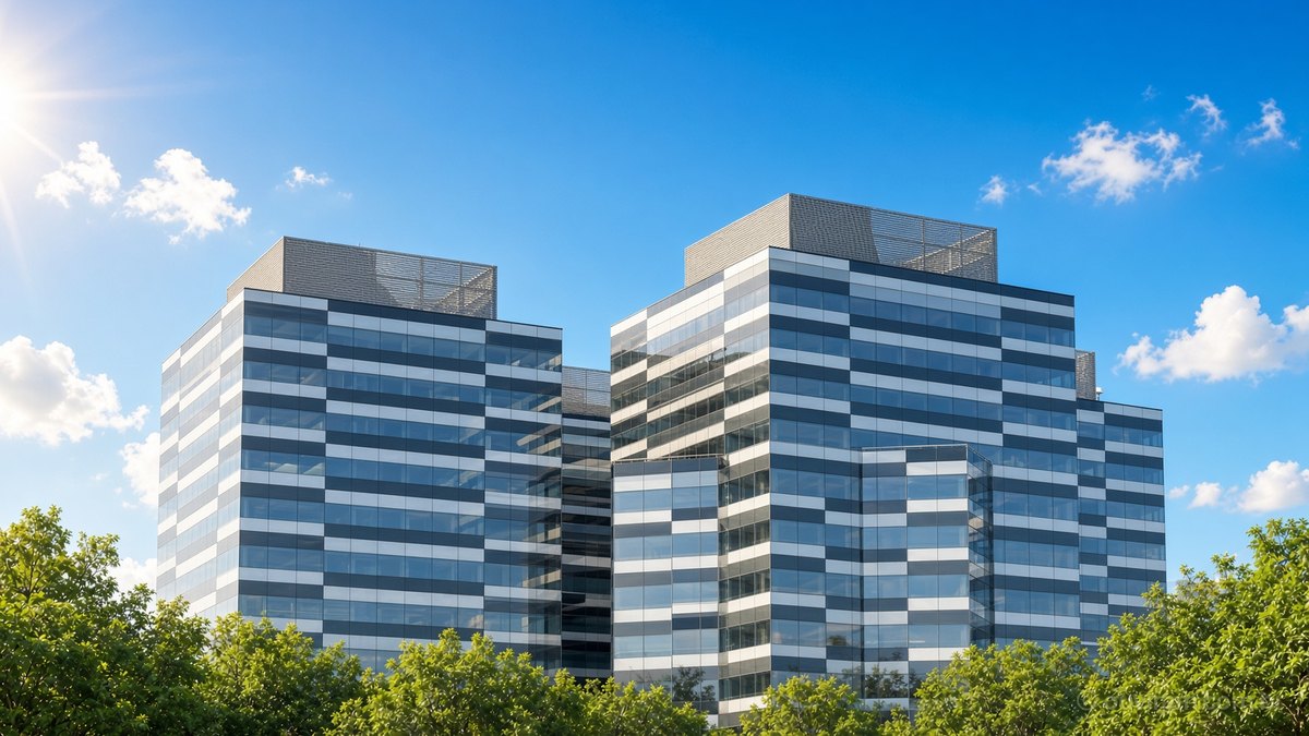 Edifícios de vidro com faixas horizontais da sede da Polícia Federal sob céu azul ensolarado, em Brasília