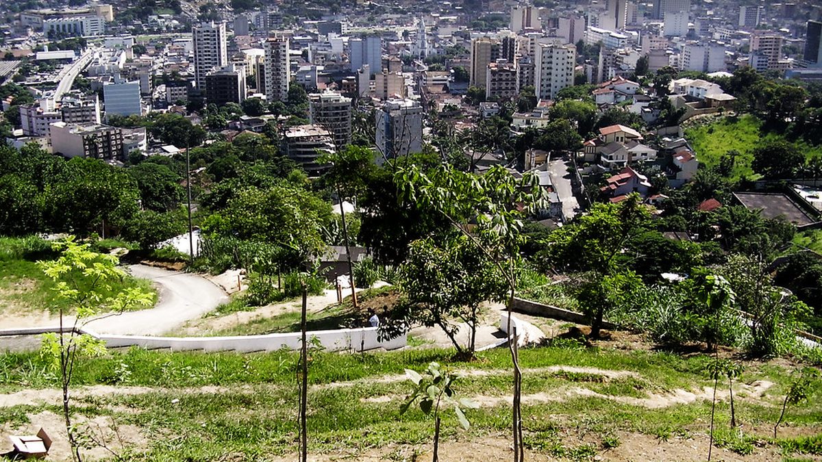 Prédios de Nova Iguaçu vistos do alto de um morro arborizado
