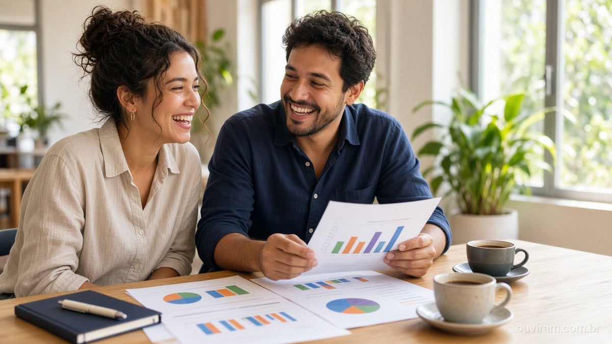 Dois sócios sorriem ao revisar papéis com gráficos impressos numa mesa clara, com café e plantas ao fundo