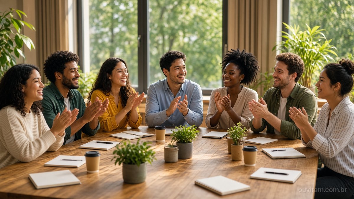 Jovens empreendedores aplaudem e sorriem ao redor de uma mesa com cadernos numa sala de mentoria clara