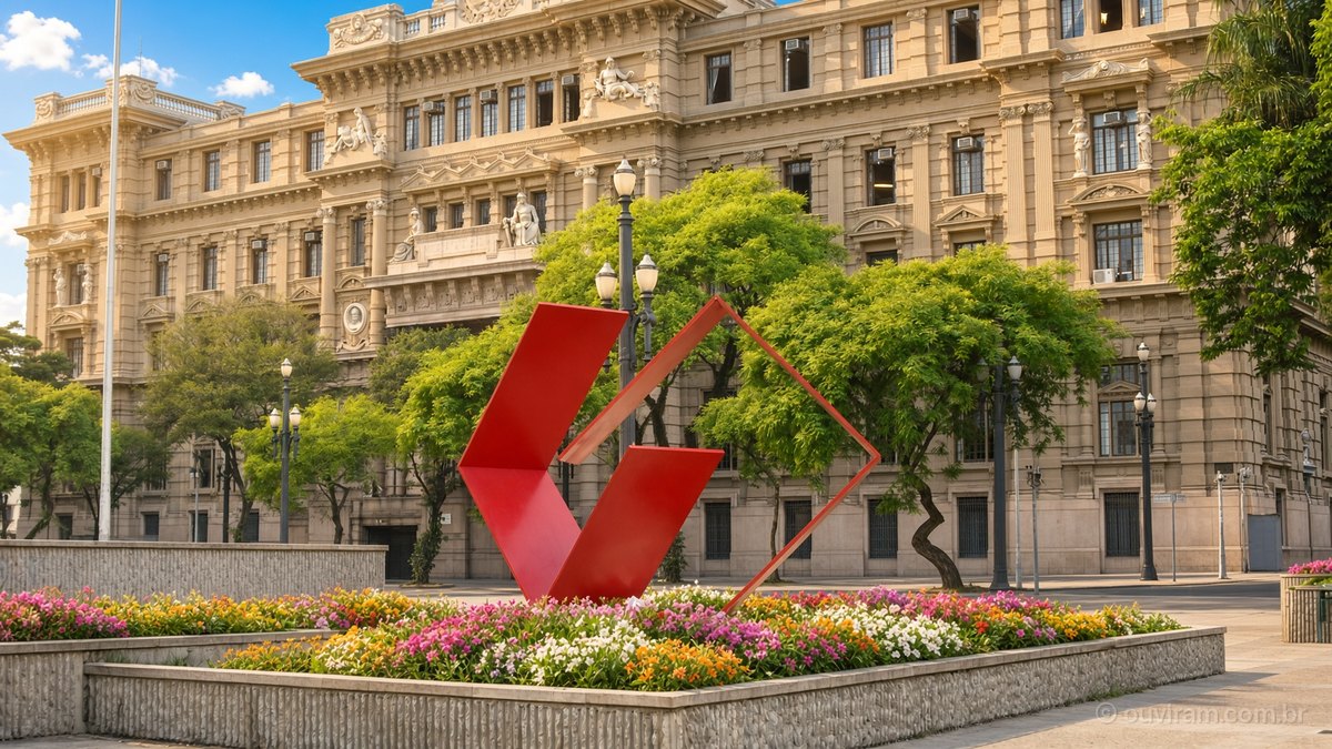Palácio da Justiça, na Praça da Sé, em São Paulo, com escultura vermelha e canteiros floridos num dia de sol