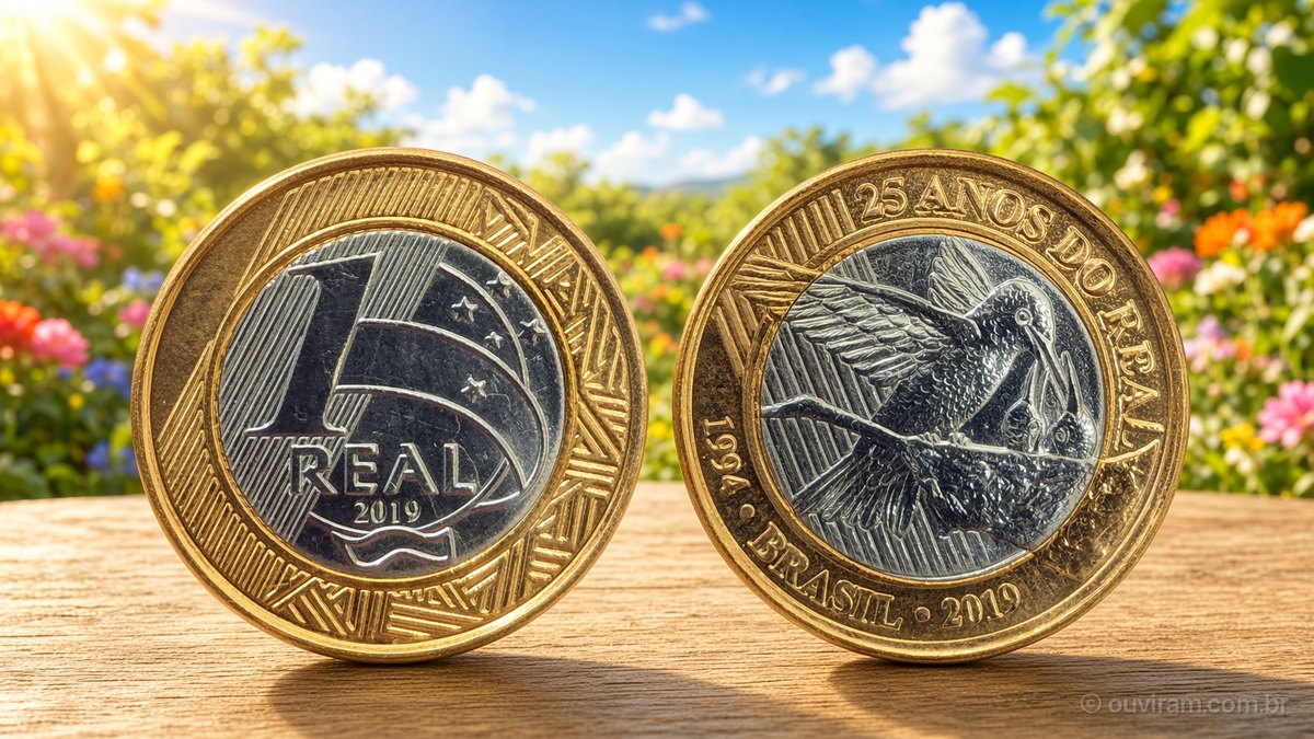 Moedas comemorativas de 1 real dos 25 anos do Real sobre mesa de madeira ao sol, com jardim florido e céu azul ao fundo