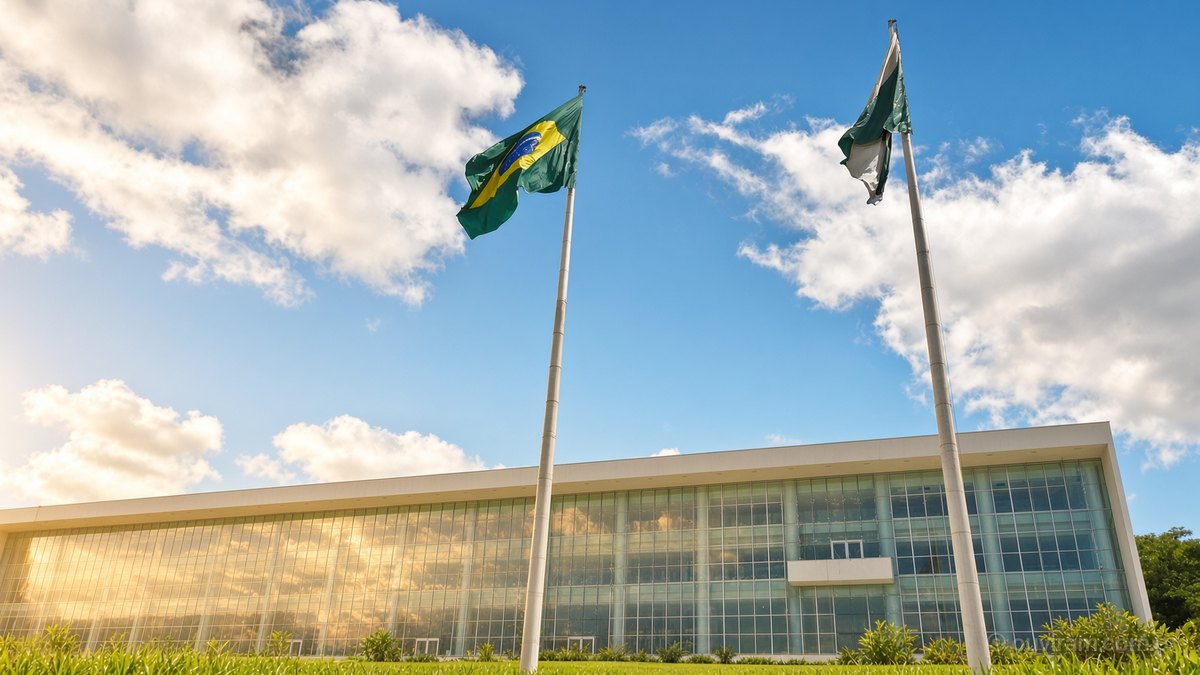 Palácio Iguaçu com as bandeiras do Brasil e do Paraná sob o sol e céu azul com nuvens brancas, em Curitiba