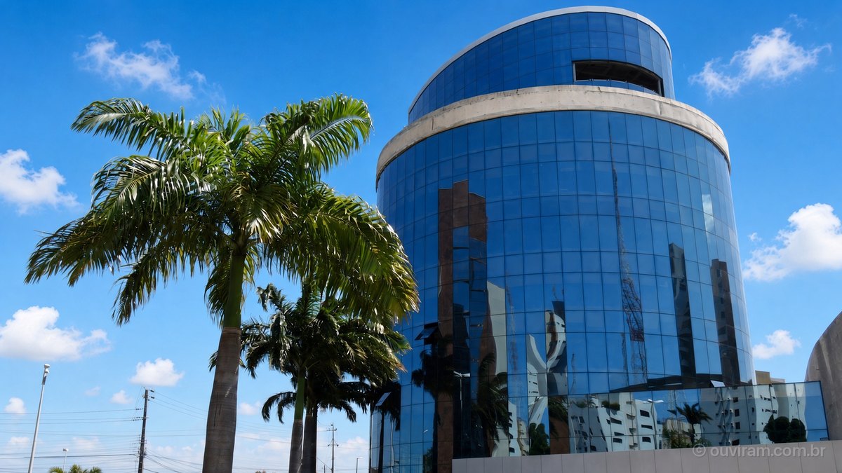 Prédio redondo de vidro azul da Assembleia Legislativa do Ceará entre coqueiros, sob céu azul com nuvens, em Fortaleza
