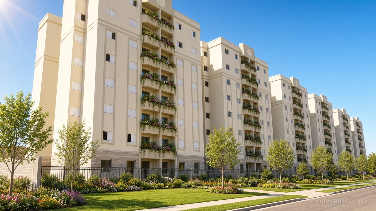 Prédios residenciais novos em tons de creme, com flores nas varandas e jardim na frente, sob céu azul