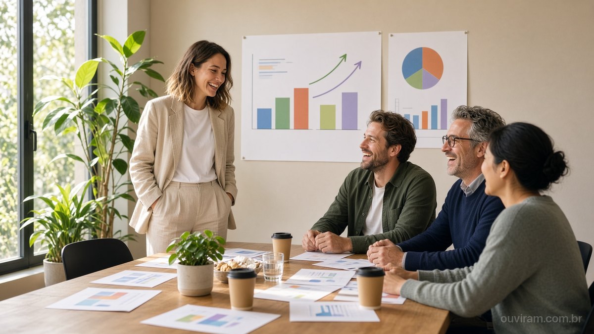 Fundadora sorridente apresenta gráficos impressos em grandes folhas de papel presas na parede a três investidores animados numa sala de reunião clara