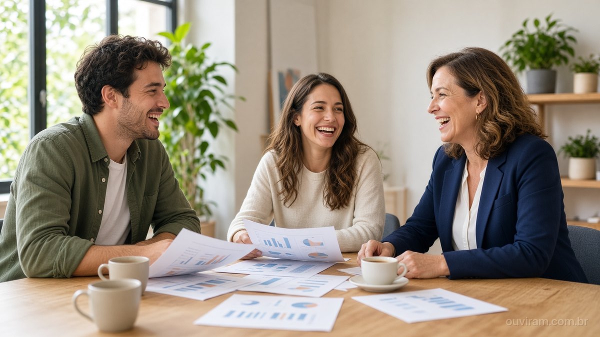 Jovens empreendedores e uma servidora pública sorriem ao conversar numa sala de reunião clara com plantas