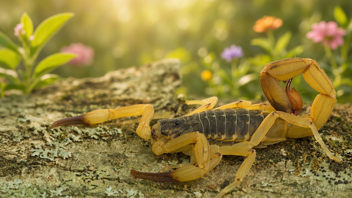 Escorpião-amarelo com a cauda erguida sobre tronco coberto de líquens, num jardim florido ao sol