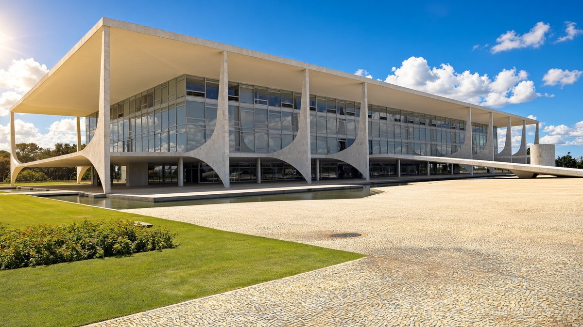Fachada do Palácio do Planalto, com colunas brancas curvas, sob céu azul com nuvens, em Brasília