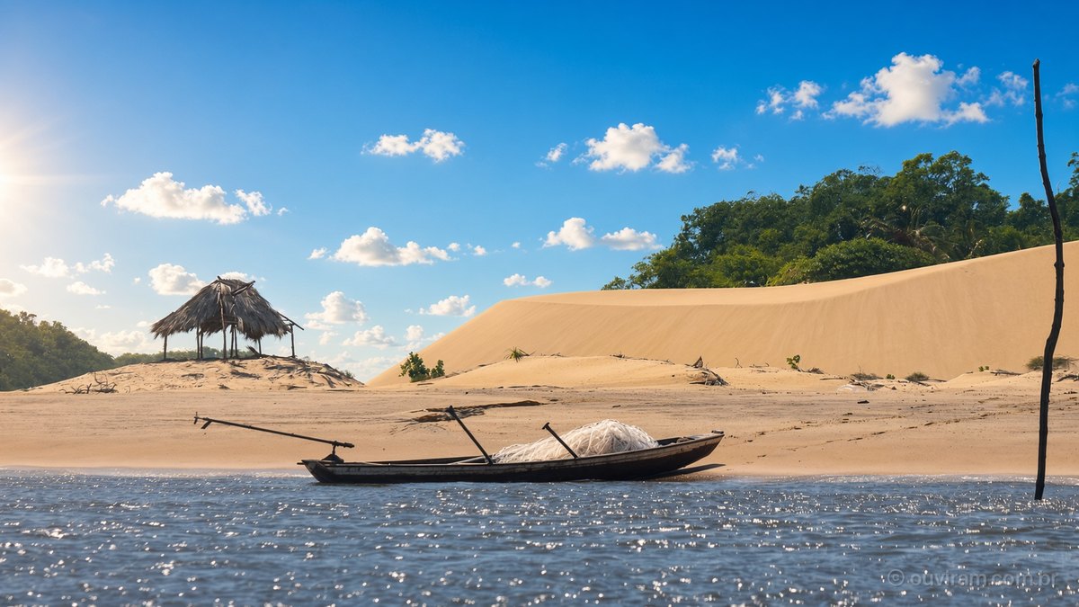 Canoa de pesca de madeira com rede na margem de areia de um rio, diante de dunas e mata verde, sob céu azul