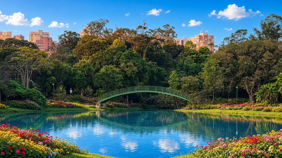 Lago do Parque Ibirapuera com a ponte verde em arco, árvores, flores e prédios ao fundo numa manhã de sol, em São Paulo