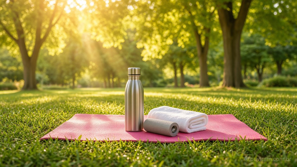 Tapete de exercício rosa na grama de um parque ensolarado, com garrafa de água, toalha e rolo de massagem
