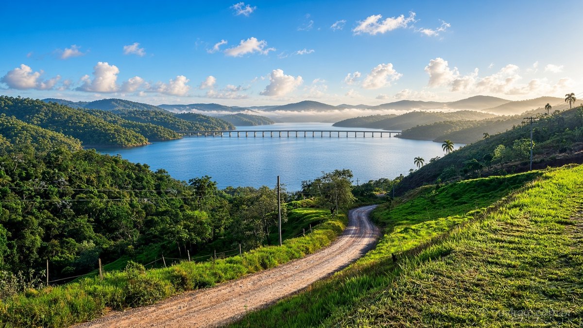 Represa Atibainha cheia, com ponte de concreto sobre a água, morros de Mata Atlântica e estrada de terra entre o gramado, sob céu azul