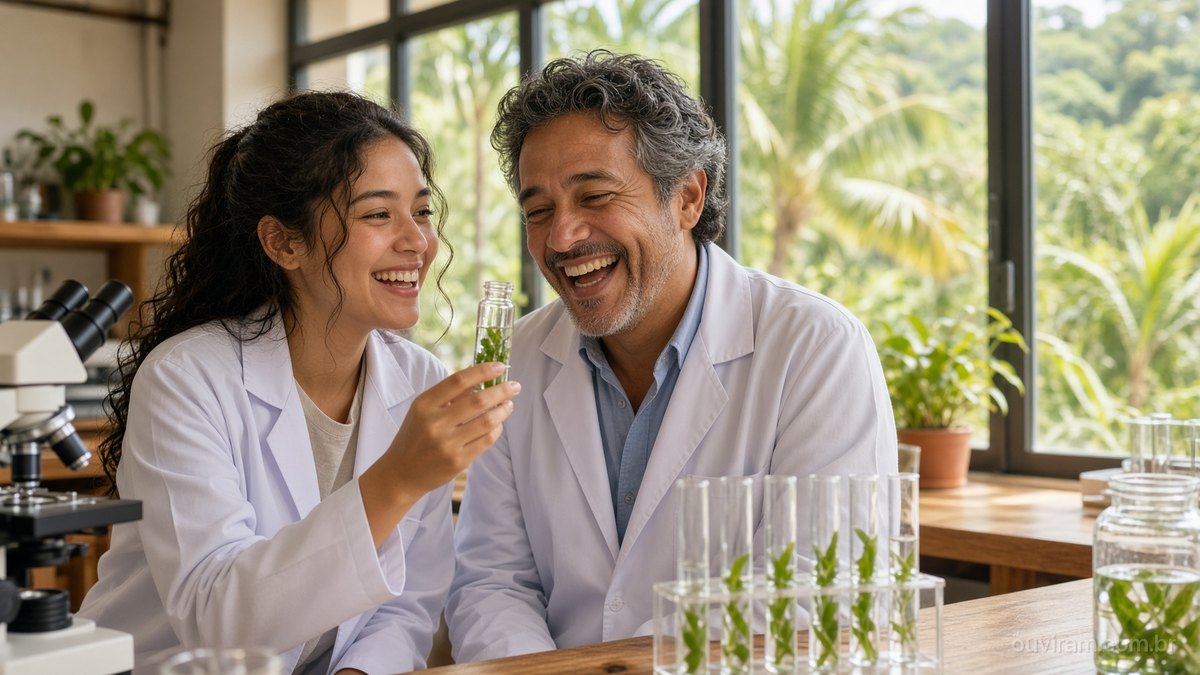 Jovem pesquisadora e professor sorriem ao examinar uma amostra num laboratório universitário claro