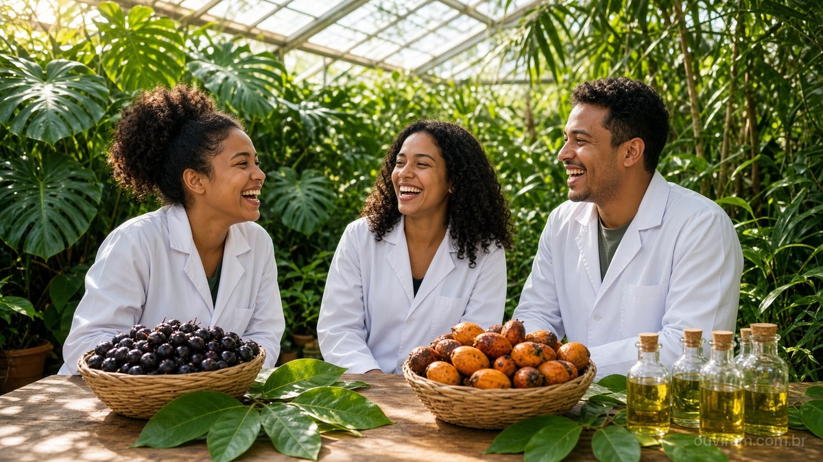Três pesquisadores de jaleco branco riem numa estufa cheia de plantas tropicais, diante de uma mesa de madeira com cestos de açaí e buriti, folhas e frascos de óleo vegetal