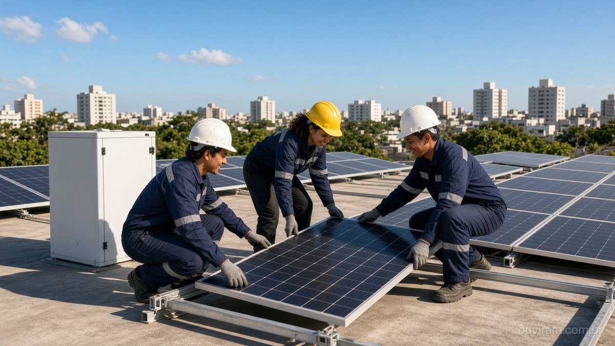 Três técnicos de capacete sorriem enquanto encaixam um painel solar numa estrutura metálica no telhado de um prédio, ao lado de um armário branco de baterias, com outros painéis e a cidade ao fundo