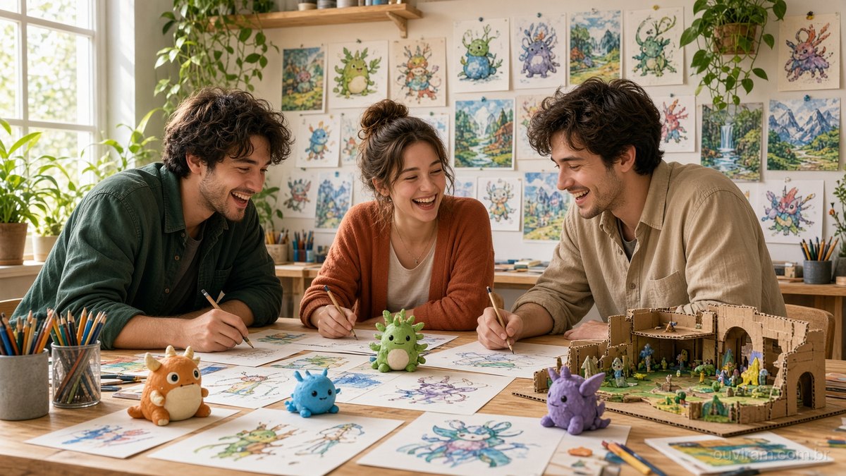 Três jovens criadores riem enquanto desenham personagens coloridos em folhas de papel, com bonecos de massinha, uma maquete de papelão e desenhos de criaturas na parede