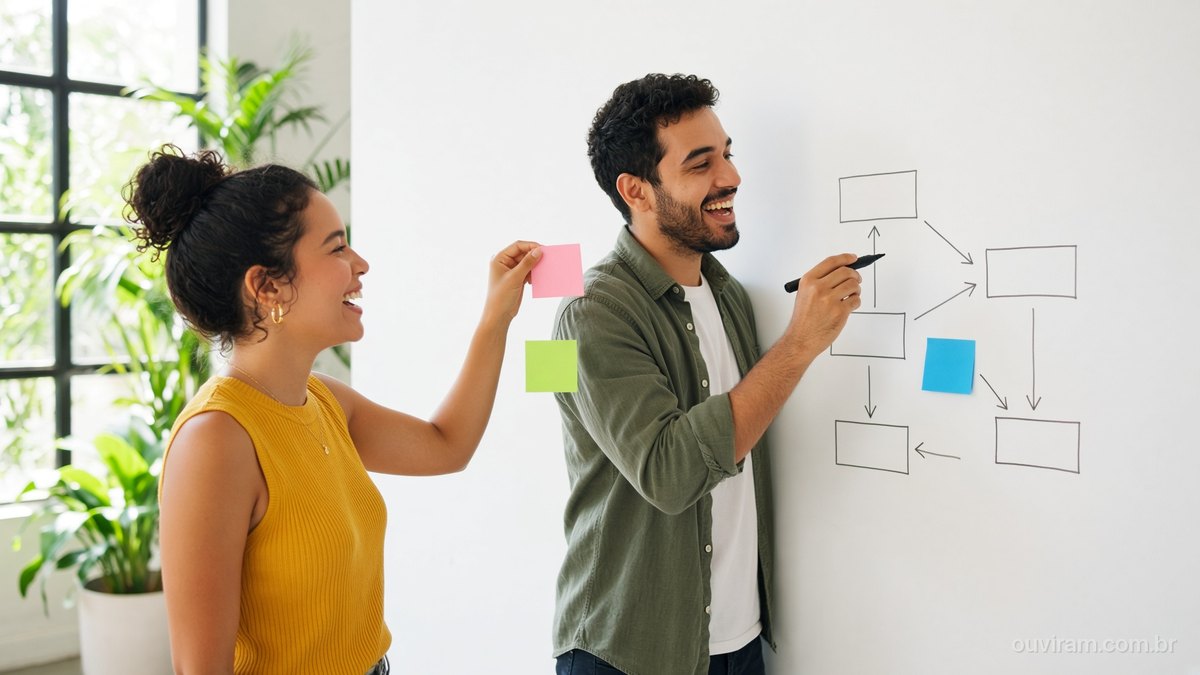 Fundadores sorridentes desenham um fluxograma num quadro branco com notas adesivas coloridas, num escritório claro com plantas