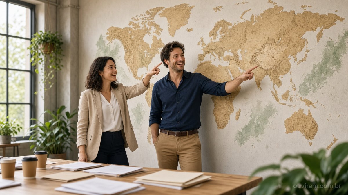 Jovens fundadores sorriem diante de um grande mapa-múndi de papel na parede de um escritório claro, apontando para outro continente
