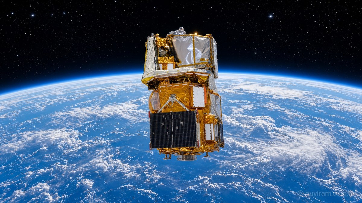 Telescópio espacial com manta dourada e painéis solares em órbita sobre o oceano e as nuvens da Terra