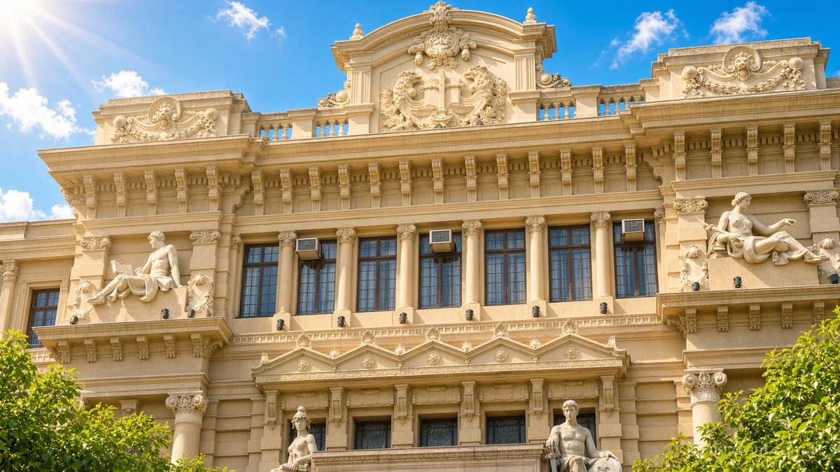 Fachada neoclássica do Palácio da Justiça, sede do TJSP, com estátuas e colunas, iluminada pelo sol da manhã sob céu azul