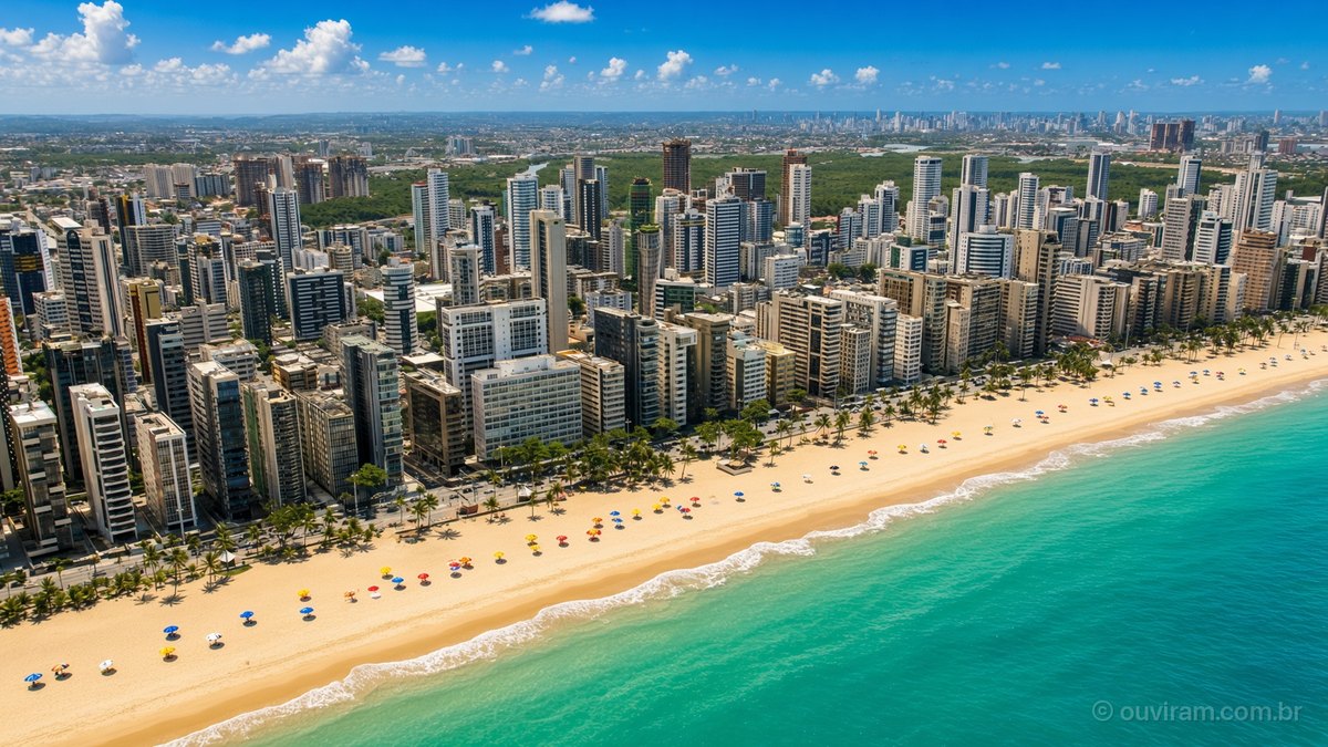 Vista aérea da Praia de Boa Viagem, no Recife, com prédios à beira-mar, guarda-sóis coloridos e mar verde-azulado