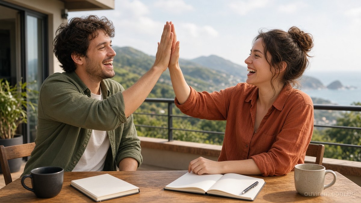 Dois jovens fundadores comemoram com um toque de mãos numa varanda ensolarada de escritório com vista para o mar