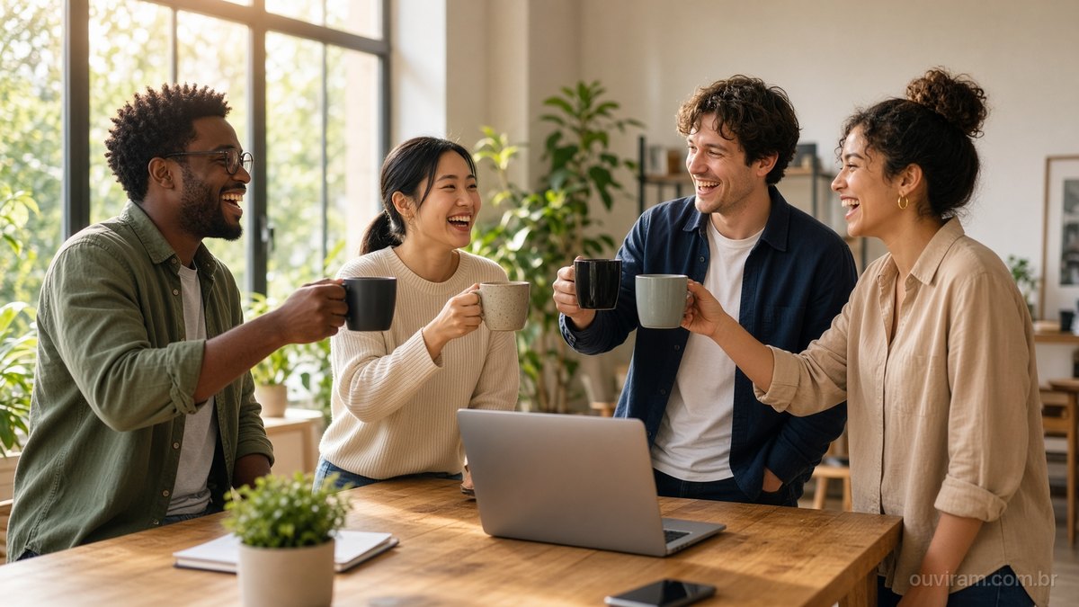 Equipe jovem comemora com um brinde de café ao redor de uma mesa num escritório iluminado